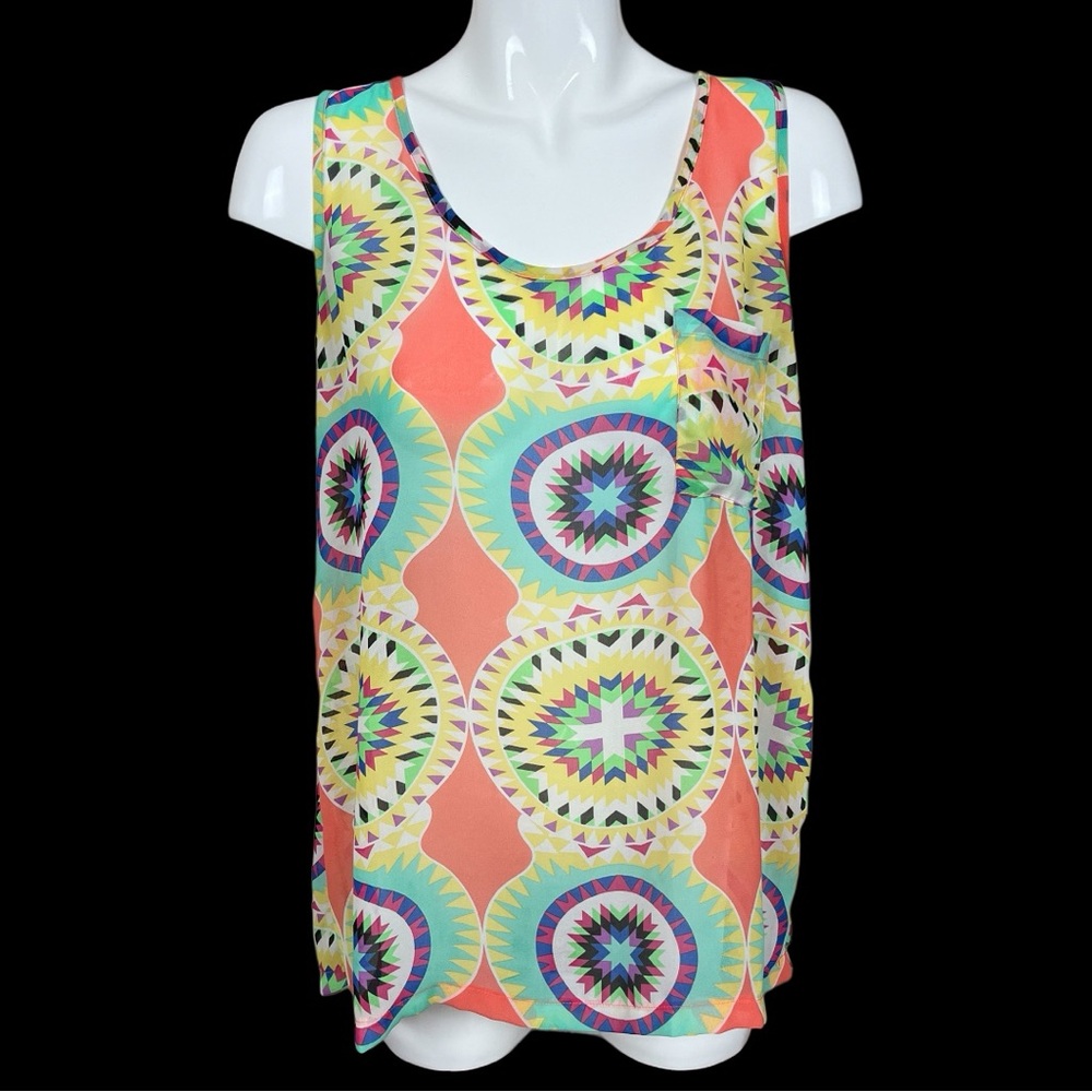 Umgee Colorful Bohemian Mixed Print Scoop Neck Tank Top Size Large